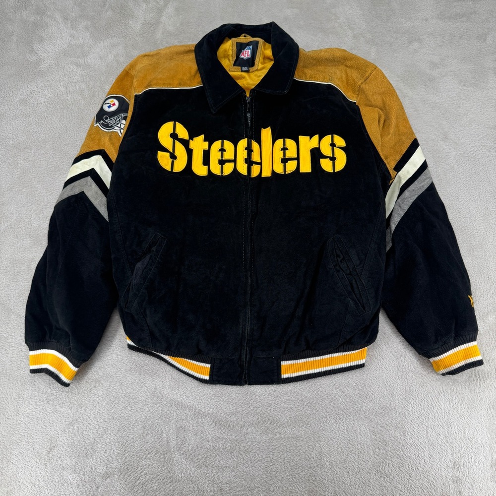 VTG NFL Pittsburgh Steelers Suede Leather‎ Stadium Jacket Mens XL Black Stain